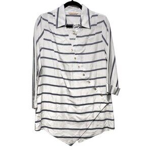 NWT Soft Surroundings White & Gray Striped Button-Front Long Sleeve Tunic Top M